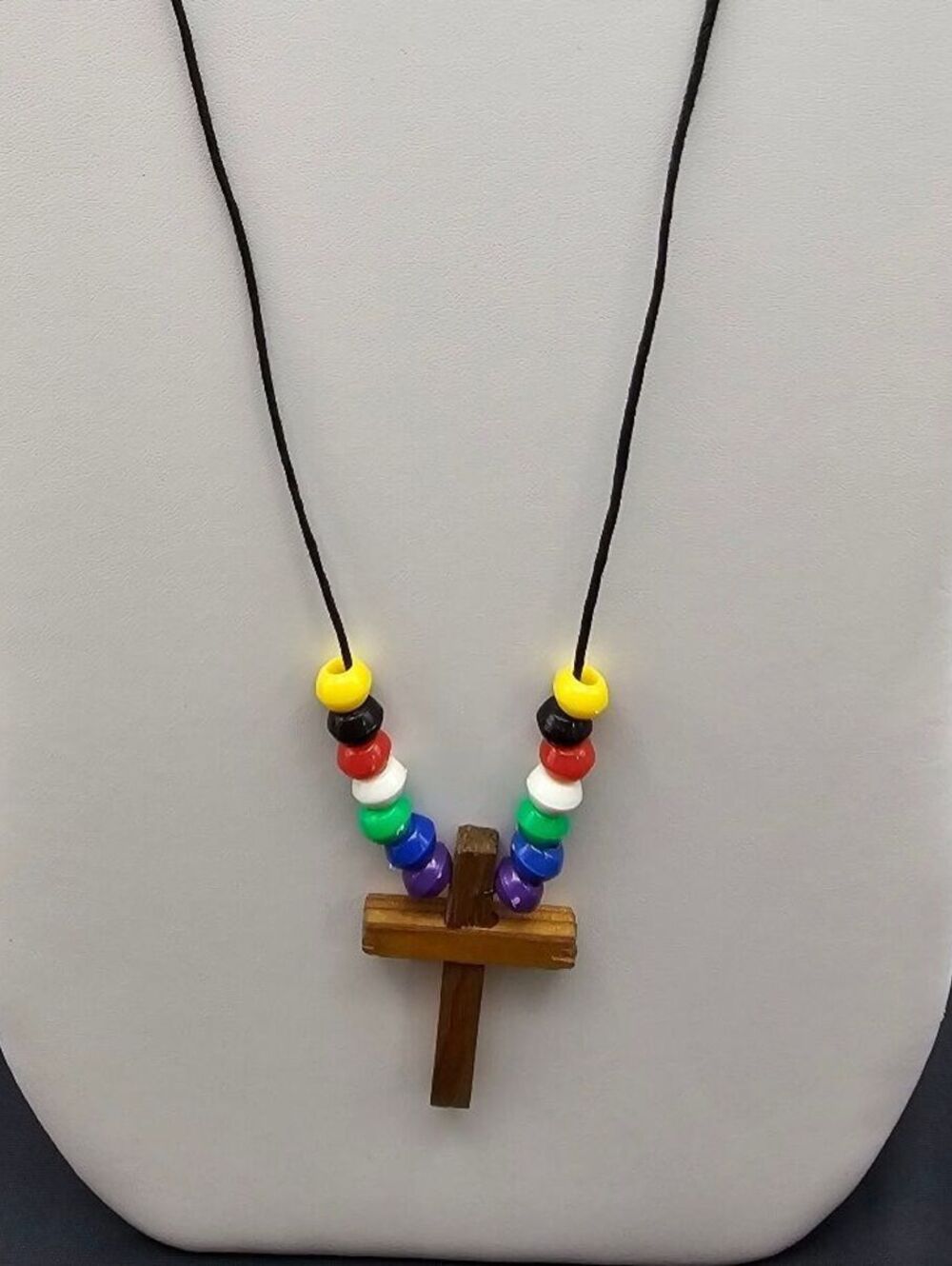 Handmade Wooden Cross Necklace with Colorful Beads on Black Cord